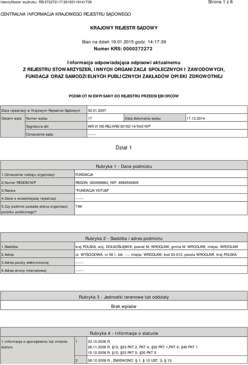 OPIEKI ZDROWOTNEJ PODMIOT NIEWPISANY DO REJESTRU PRZEDSIĘBIORCÓW Data rejestracji w Krajowym Rejestrze Sądowym 30.01.2007 Ostatni wpis Numer wpisu 17 Data dokonania wpisu 17.12.2014 Sygnatura akt WR.