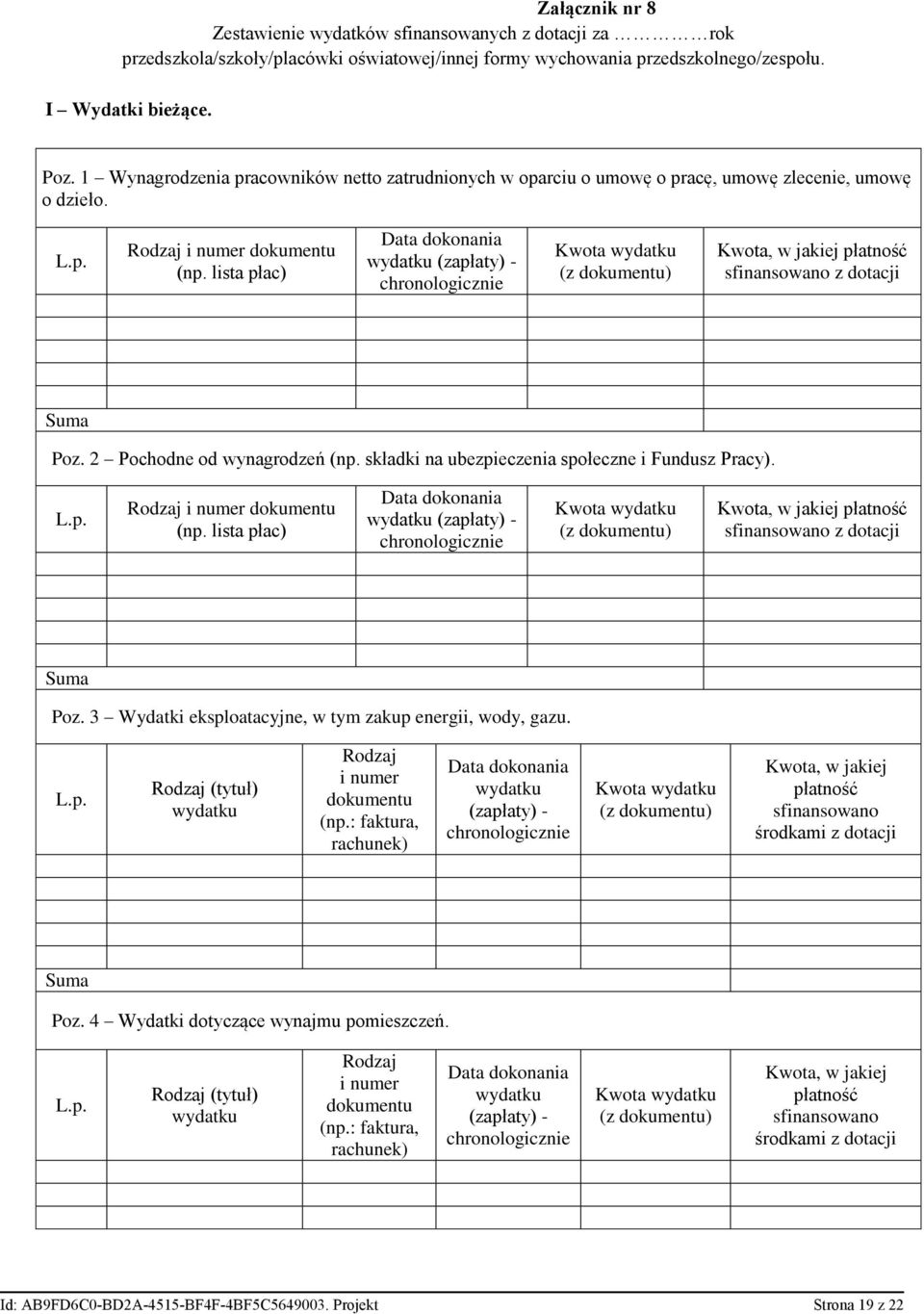 lista płac) Data dokonania (zapłaty) - chronologicznie Kwota (z dokumentu) Kwota, w jakiej płatność sfinansowano z dotacji Suma Poz. 2 Pochodne od wynagrodzeń (np.