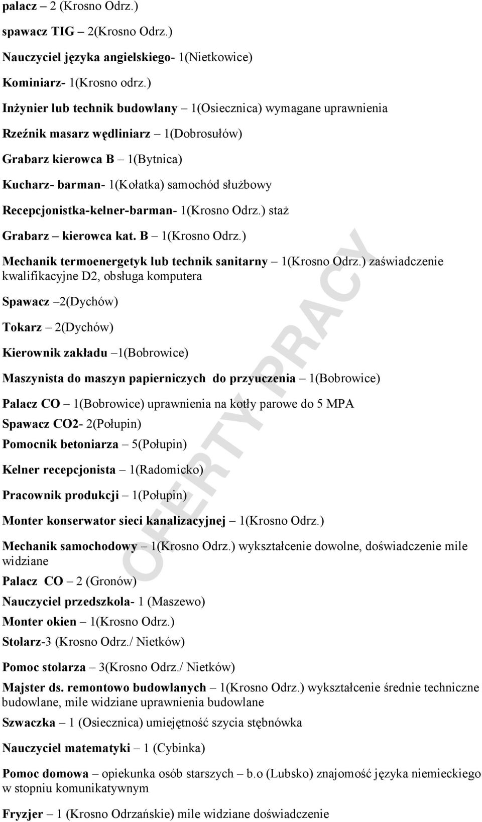 Recepcjonistka-kelner-barman- 1(Krosno Odrz.) staŝ Grabarz kierowca kat. B 1(Krosno Odrz.) Mechanik termoenergetyk lub technik sanitarny 1(Krosno Odrz.