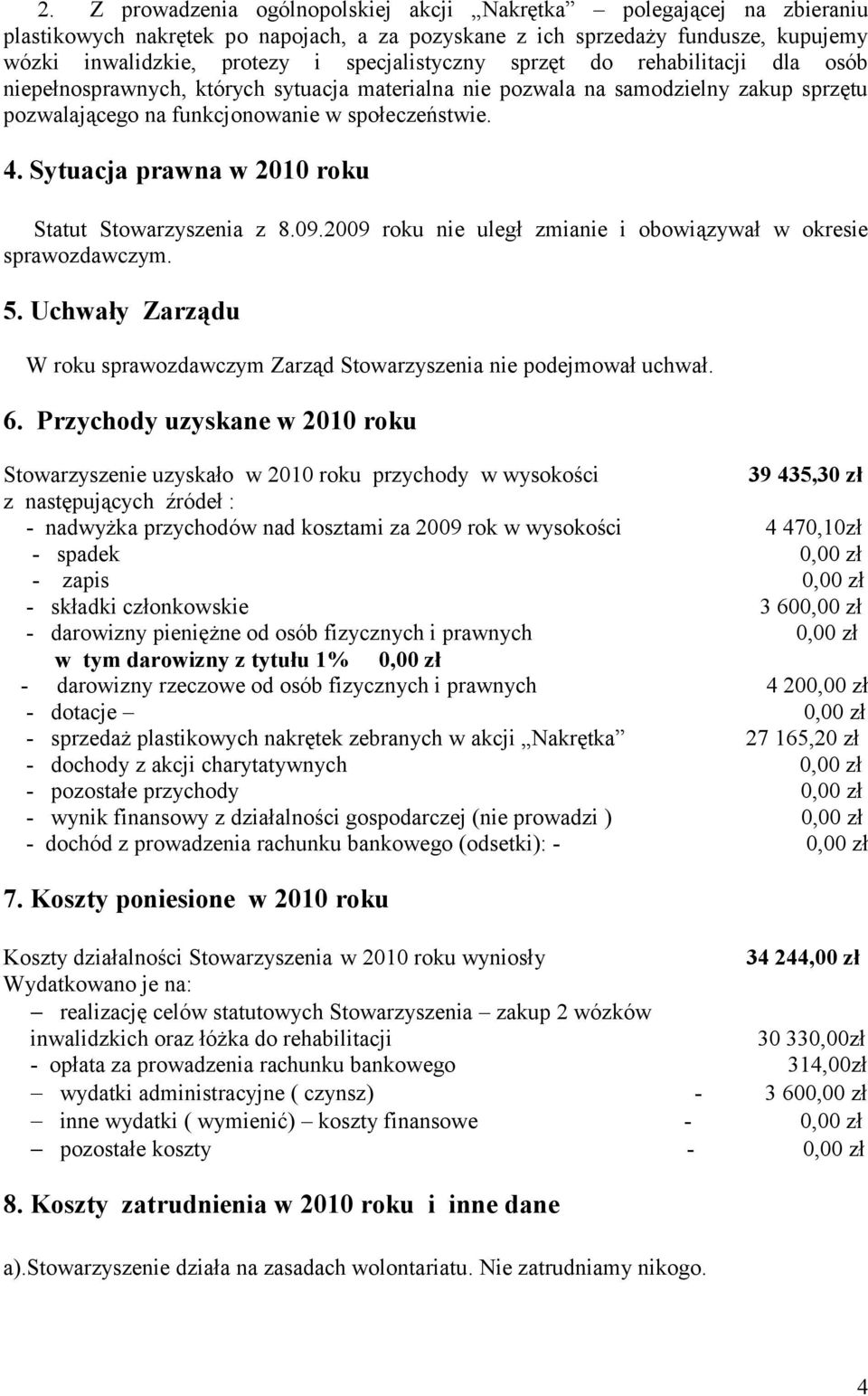 Sytuacja prawna w 2010 roku Statut Stowarzyszenia z 8.09.2009 roku nie uległ zmianie i obowiązywał w okresie sprawozdawczym. 5.