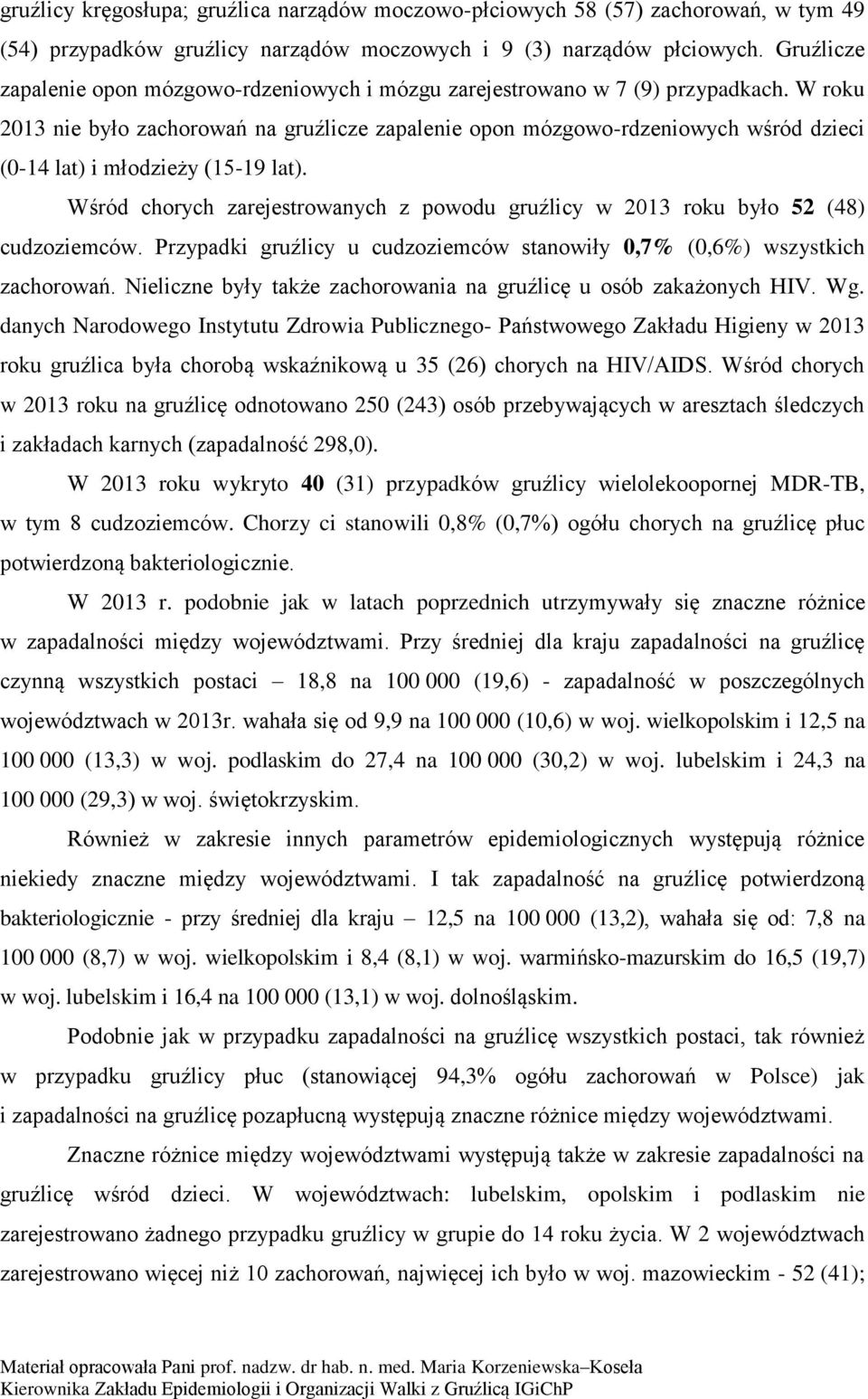 W roku 2013 nie było zachorowań na gruźlicze zapalenie opon mózgowo-rdzeniowych wśród dzieci (0-14 lat) i młodzieży (15-19 lat).