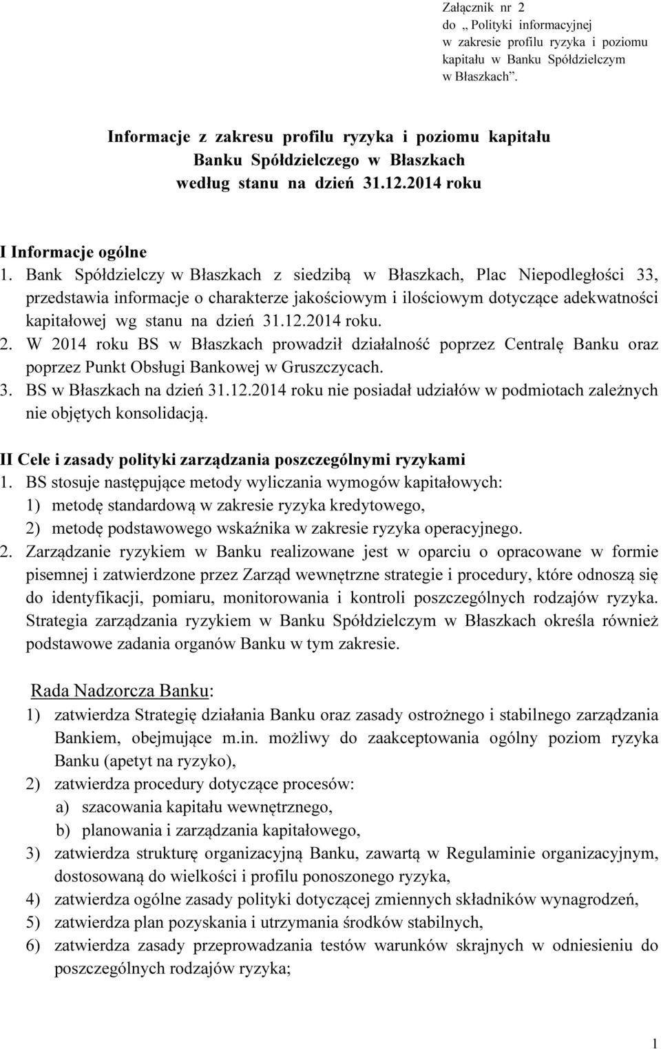 Bank Spółdzielczy w Błaszkach z siedzibą w Błaszkach, Plac Niepodległości 33, przedstawia informacje o charakterze jakościowym i ilościowym dotyczące adekwatności kapitałowej wg stanu na dzień 31.12.