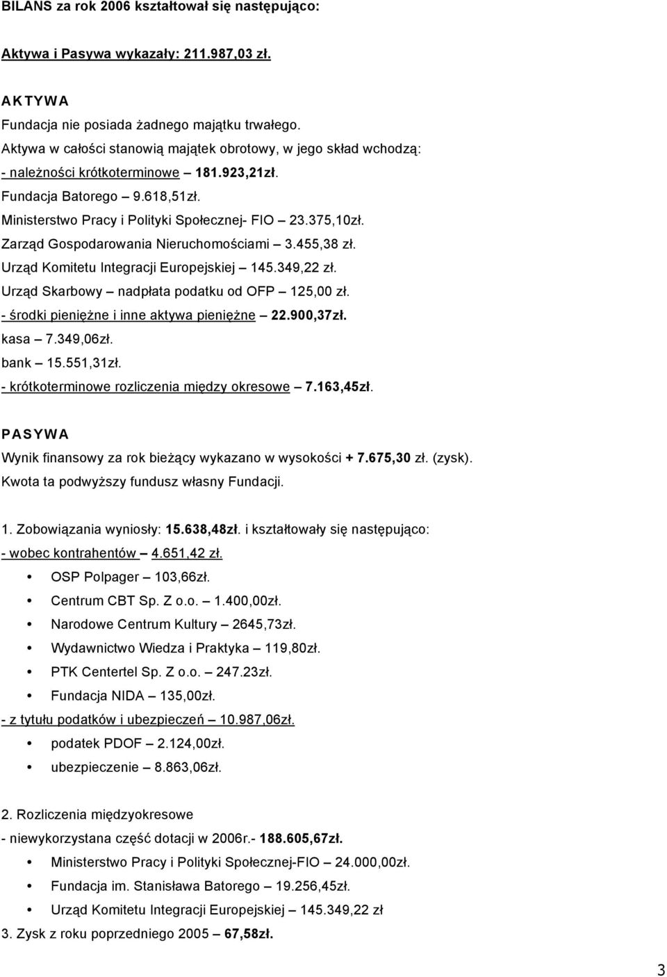 Zarząd Gospodarowania Nieruchomościami 3.455,38 zł. Urząd Komitetu Integracji Europejskiej 145.349,22 zł. Urząd Skarbowy nadpłata podatku od OFP 125,00 zł.