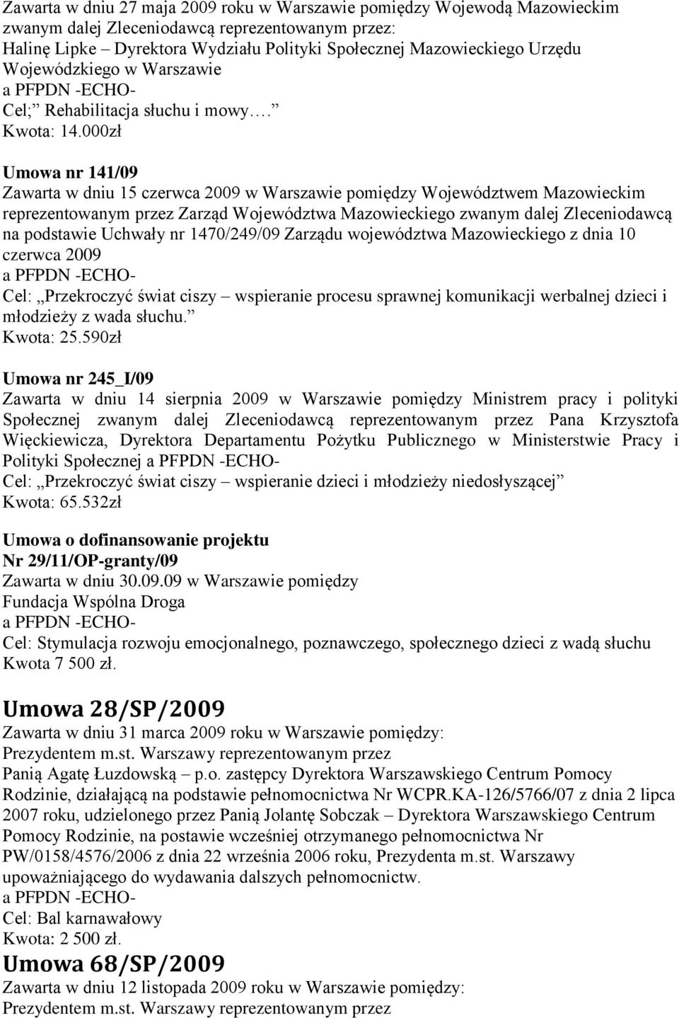 000zł Umowa nr 141/09 Zawarta w dniu 15 czerwca 2009 w Warszawie pomiędzy Województwem Mazowieckim reprezentowanym przez Zarząd Województwa Mazowieckiego zwanym dalej Zleceniodawcą na podstawie