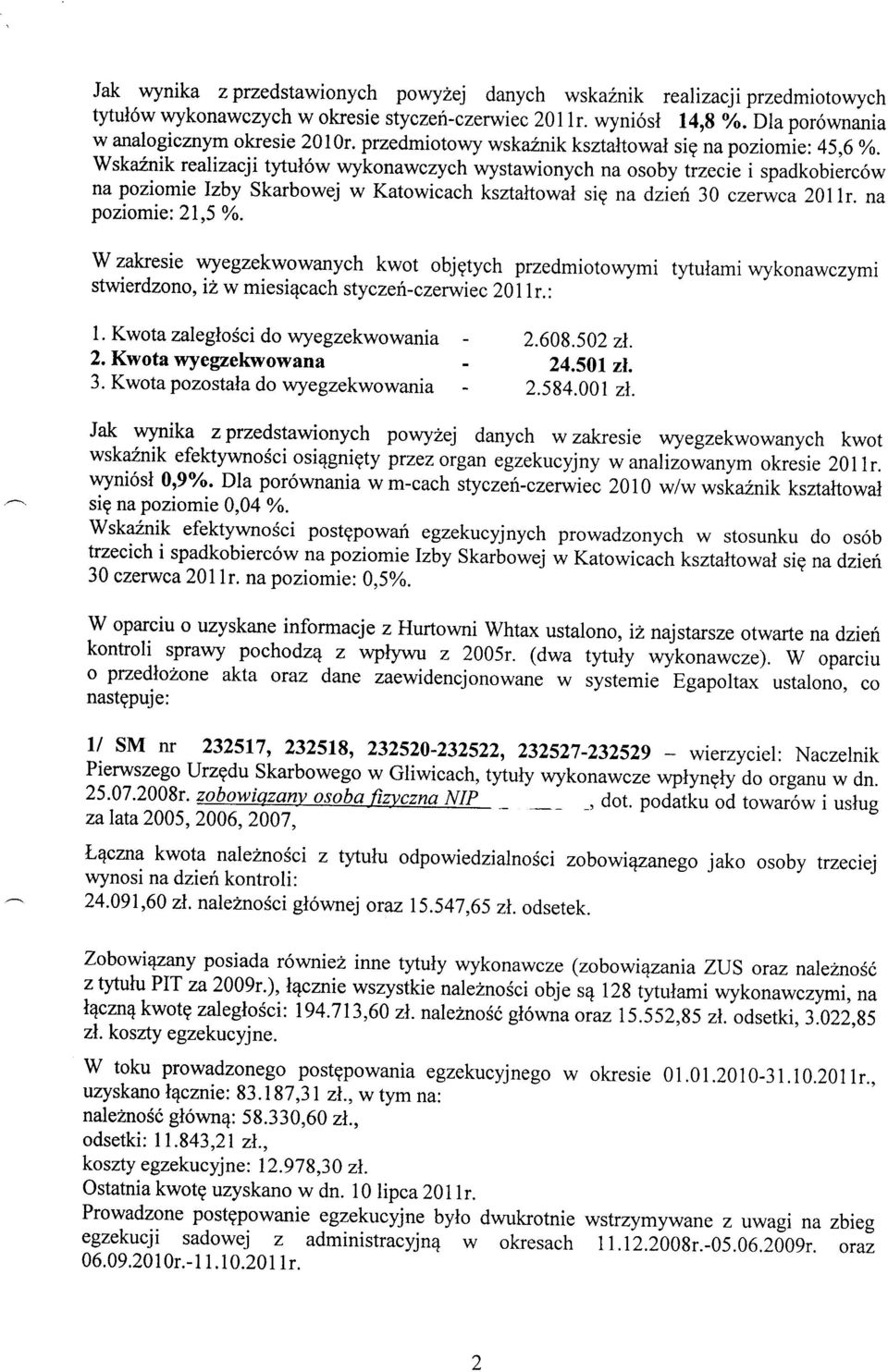 Wskaznik realizacji tytul6w wykonawczych wystawionych na osoby trzecie i spadkobierc6w na poziomie lzby Skarbowej w Katowicach ksztaltowal sig na dzieh 30 czerwca 20llr. na poziomie: 21,5 Yo.