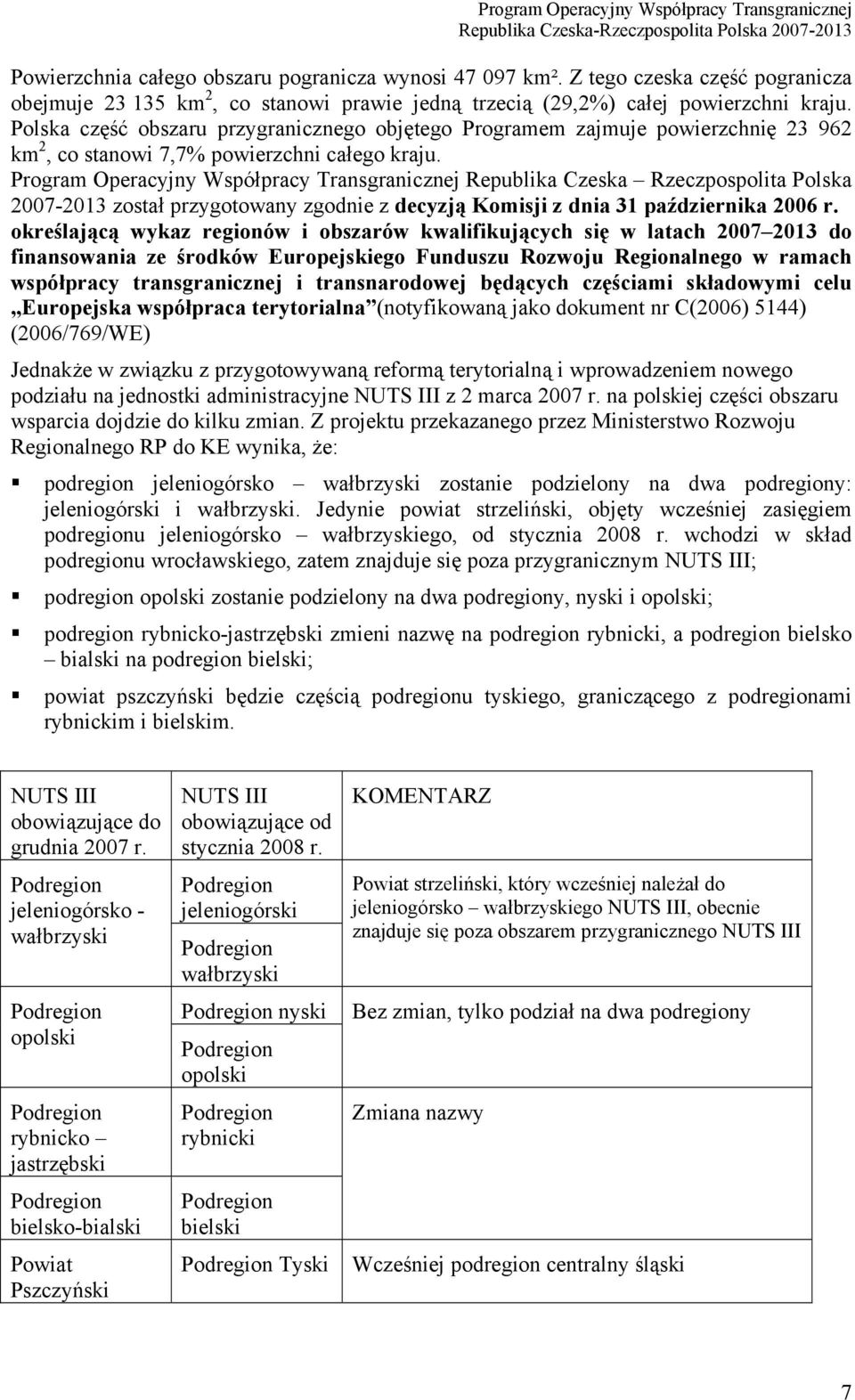 Program Operacyjny Współpracy Transgranicznej Republika Czeska Rzeczpospolita Polska 2007-2013 został przygotowany zgodnie z decyzją Komisji z dnia 31 października 2006 r.