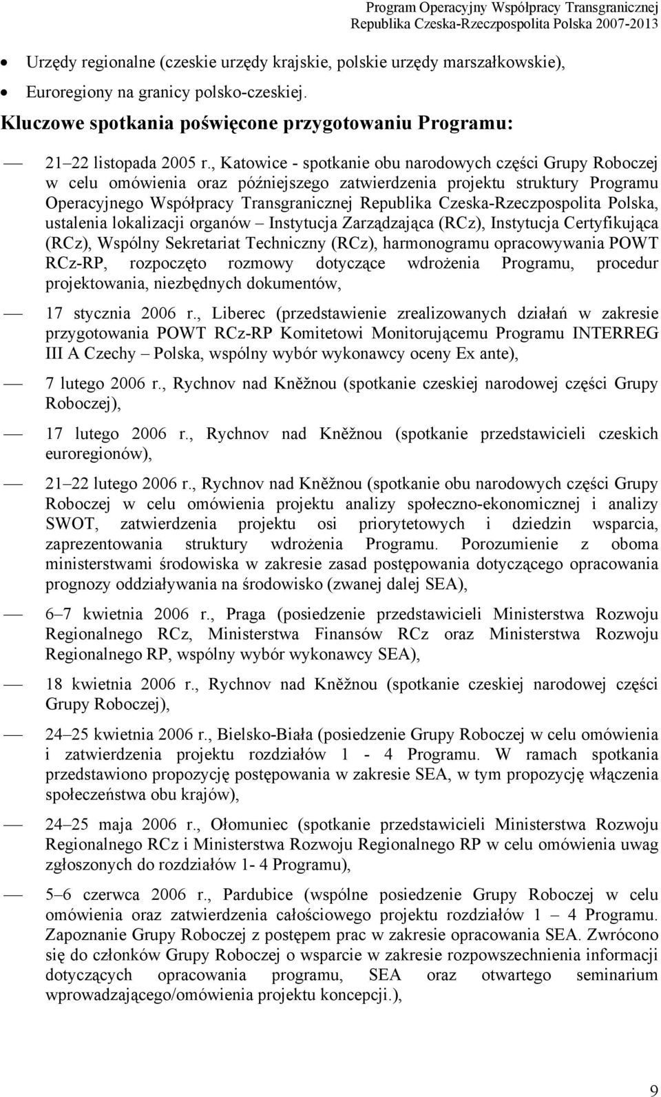 Czeska-Rzeczpospolita Polska, ustalenia lokalizacji organów Instytucja Zarządzająca (RCz), Instytucja Certyfikująca (RCz), Wspólny Sekretariat Techniczny (RCz), harmonogramu opracowywania POWT