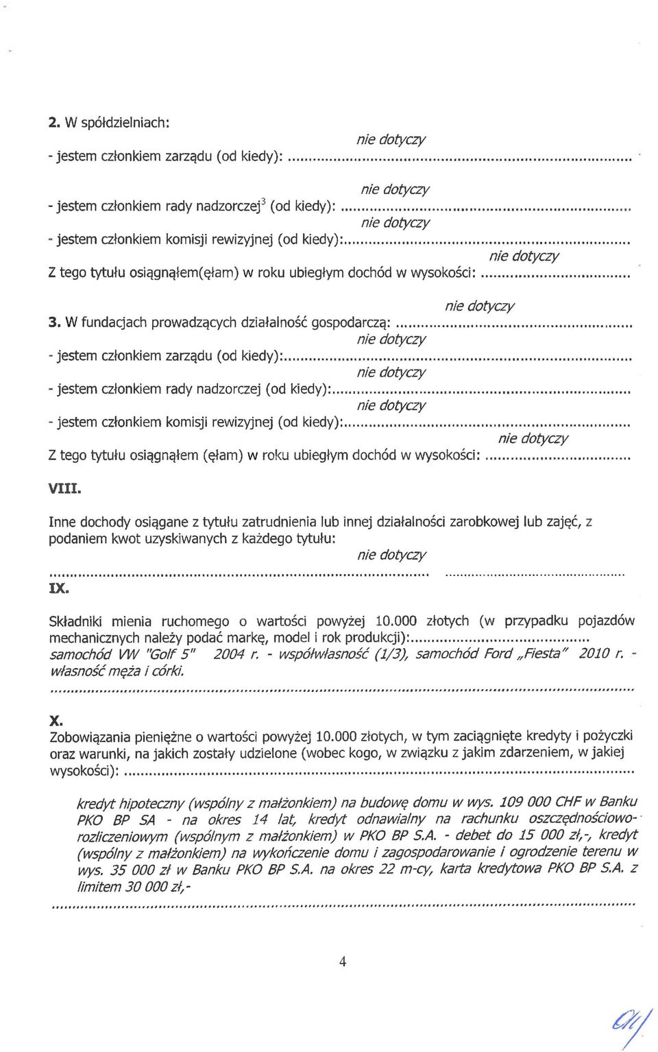 W fundacjach prowadzących działalność gospodarczą: jestem członkiem zarządu (od kiedy): - jestem członkiem rady nadzorczej (od kiedy): - jestem członkiem komisji rewizyjnej (od kiedy): VIII.