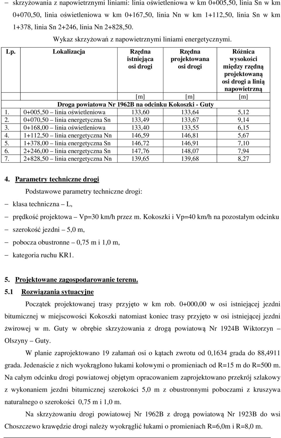 Lokalizacja Rzędna istniejąca osi drogi Rzędna projektowana osi drogi Różnica wysokości między rzędną projektowaną osi drogi a linią napowietrzną [m] [m] [m] Droga powiatowa Nr 1962B na odcinku