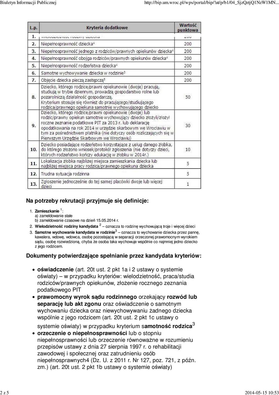 chyba że osoba taka wychowuje wspólnie co najmniej jedno dziecko z jego rodzicem. Dokumenty potwierdzające spełnianie przez kandydata kryteriów: oświadczenie (art. 20t ust.