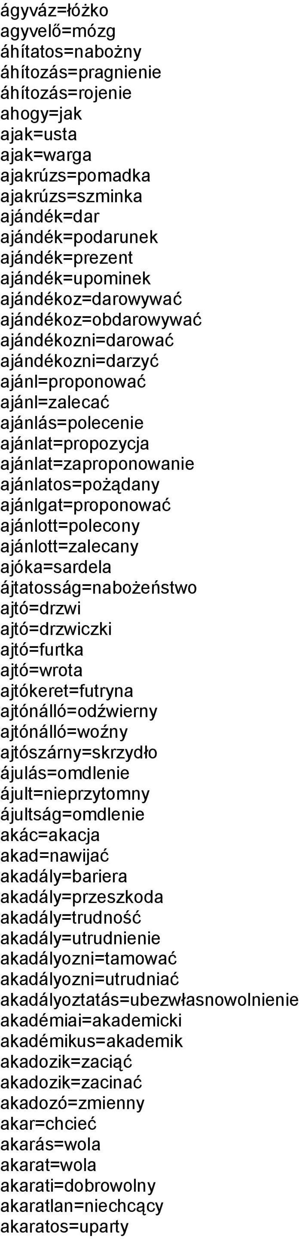ajánlatos=pożądany ajánlgat=proponować ajánlott=polecony ajánlott=zalecany ajóka=sardela ájtatosság=nabożeństwo ajtó=drzwi ajtó=drzwiczki ajtó=furtka ajtó=wrota ajtókeret=futryna ajtónálló=odźwierny