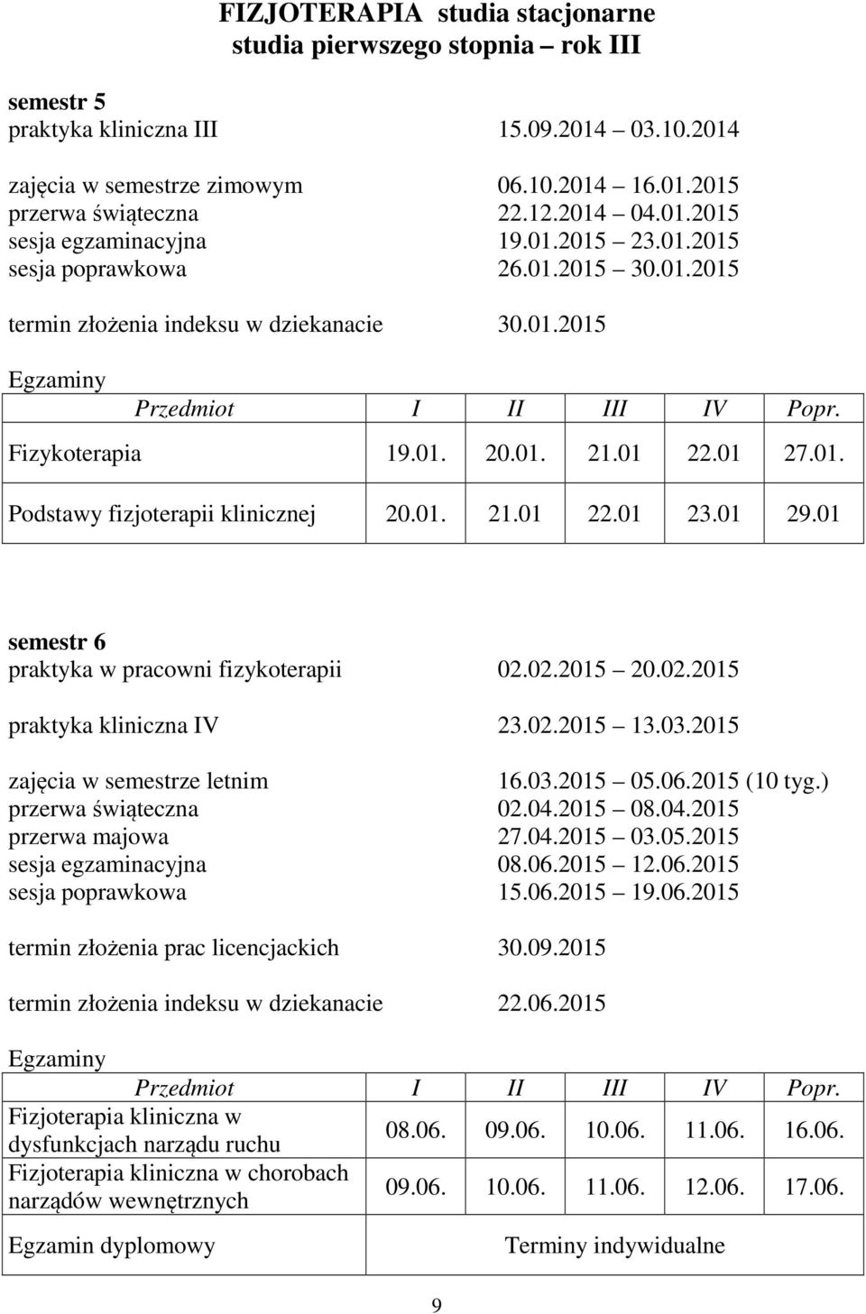 01 22.01 27.01. Podstawy fizjoterapii klinicznej 20.01. 21.01 22.01 23.01 29.01 semestr 6 praktyka w pracowni fizykoterapii 02.02.2015 20.02.2015 praktyka kliniczna IV 23.02.2015 13.03.