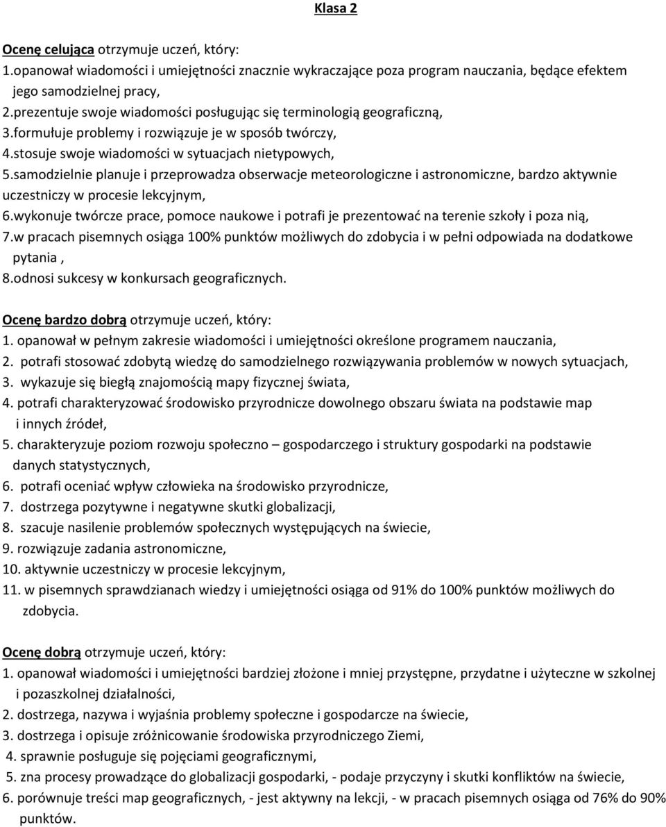 samodzielnie planuje i przeprowadza obserwacje meteorologiczne i astronomiczne, bardzo aktywnie uczestniczy w procesie lekcyjnym, 6.