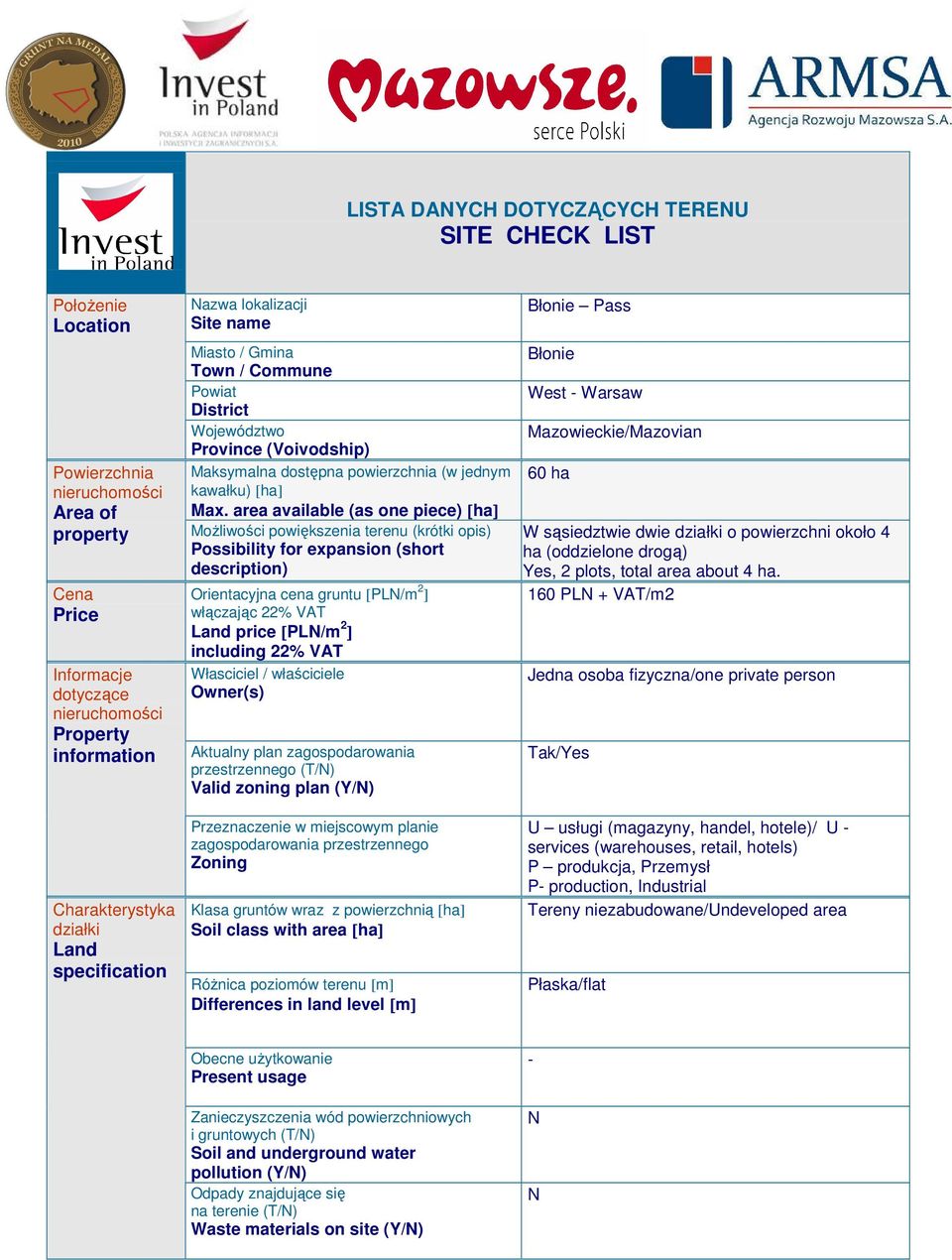 area available (as one piece) [ha] Możliwości powiększenia terenu (krótki opis) Possibility for expansion (short description) Orientacyjna cena gruntu [PL/m 2 ] włączając 22% VAT Land price [PL/m 2 ]