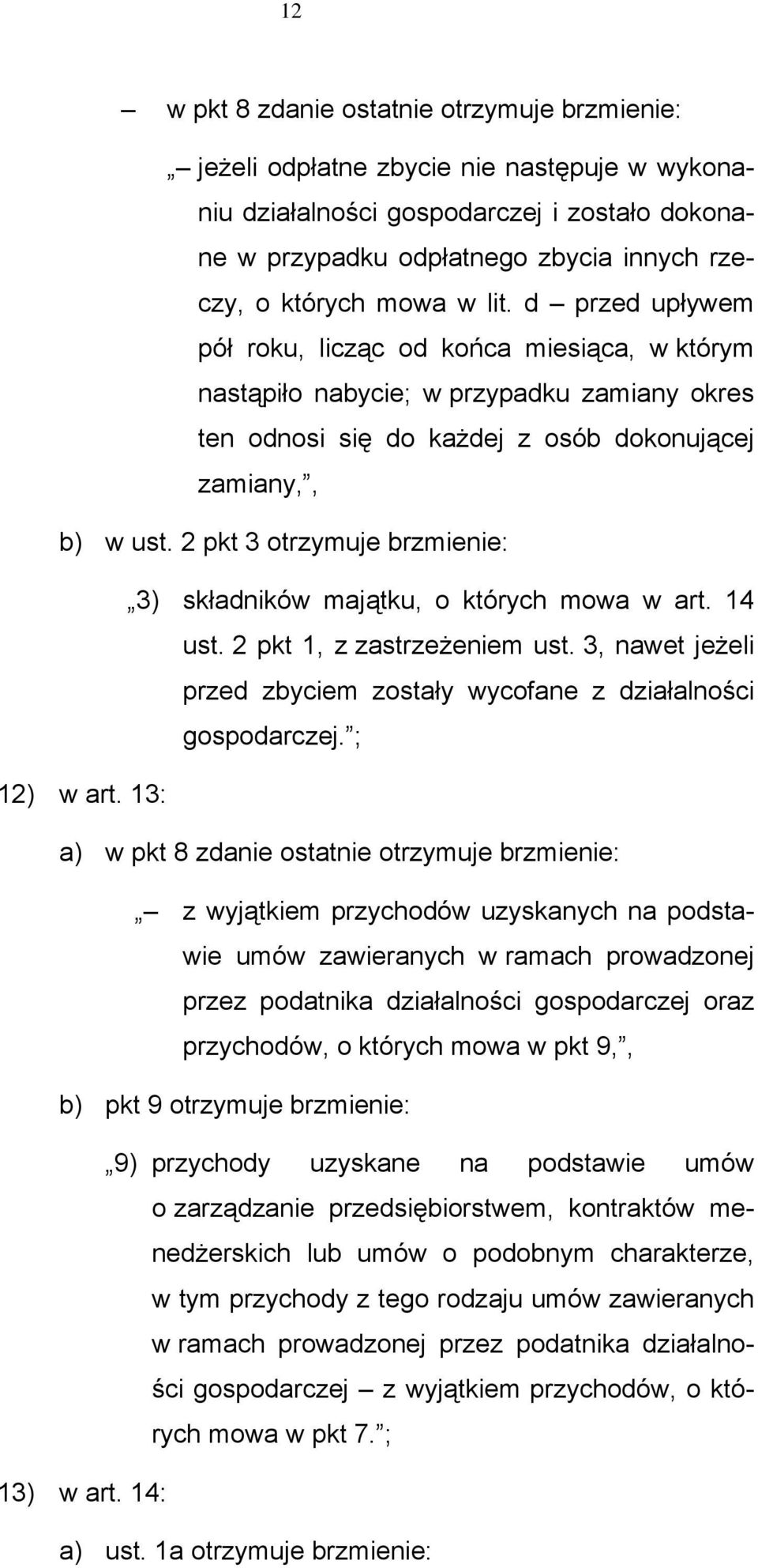 2 pkt 3 otrzymuje brzmienie: 3) składników majątku, o których mowa w art. 14 ust. 2 pkt 1, z zastrzeżeniem ust. 3, nawet jeżeli przed zbyciem zostały wycofane z działalności gospodarczej. ; 12) w art.