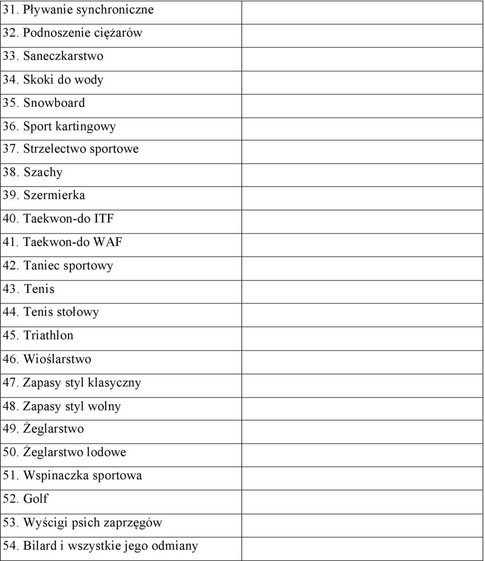 Taniec sportowy 43. Tenis 44. Tenis stołowy 45. Triathlon 46. Wioślarstwo 47. Zapasy styl klasyczny 48.