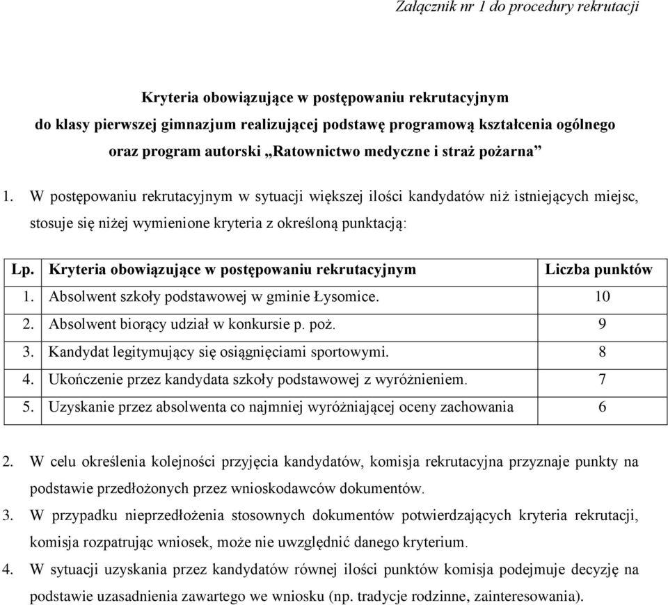Kryteria obowiązujące w postępowaniu rekrutacyjnym Liczba punktów 1. Absolwent szkoły podstawowej w gminie Łysomice. 10 2. Absolwent biorący udział w konkursie p. poż. 9 3.