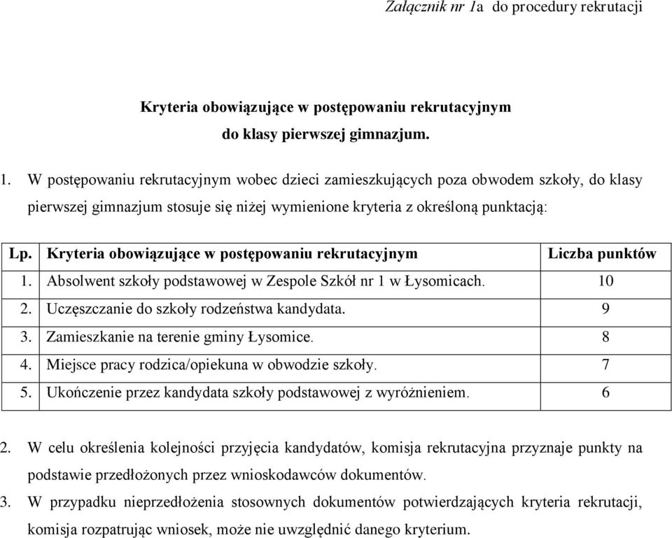 Zamieszkanie na terenie gminy Łysomice. 8 4. Miejsce pracy rodzica/opiekuna w obwodzie szkoły. 7 5. Ukończenie przez kandydata szkoły podstawowej z wyróżnieniem. 6 2.