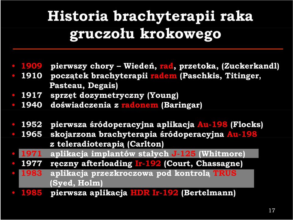 (Flocks) 1965 skojarzona brachyterapia śródoperacyjna p Au-198 z teleradioterapią (Carlton) 1971 aplikacja implantów stałych J-125 (Whitmore) 1977