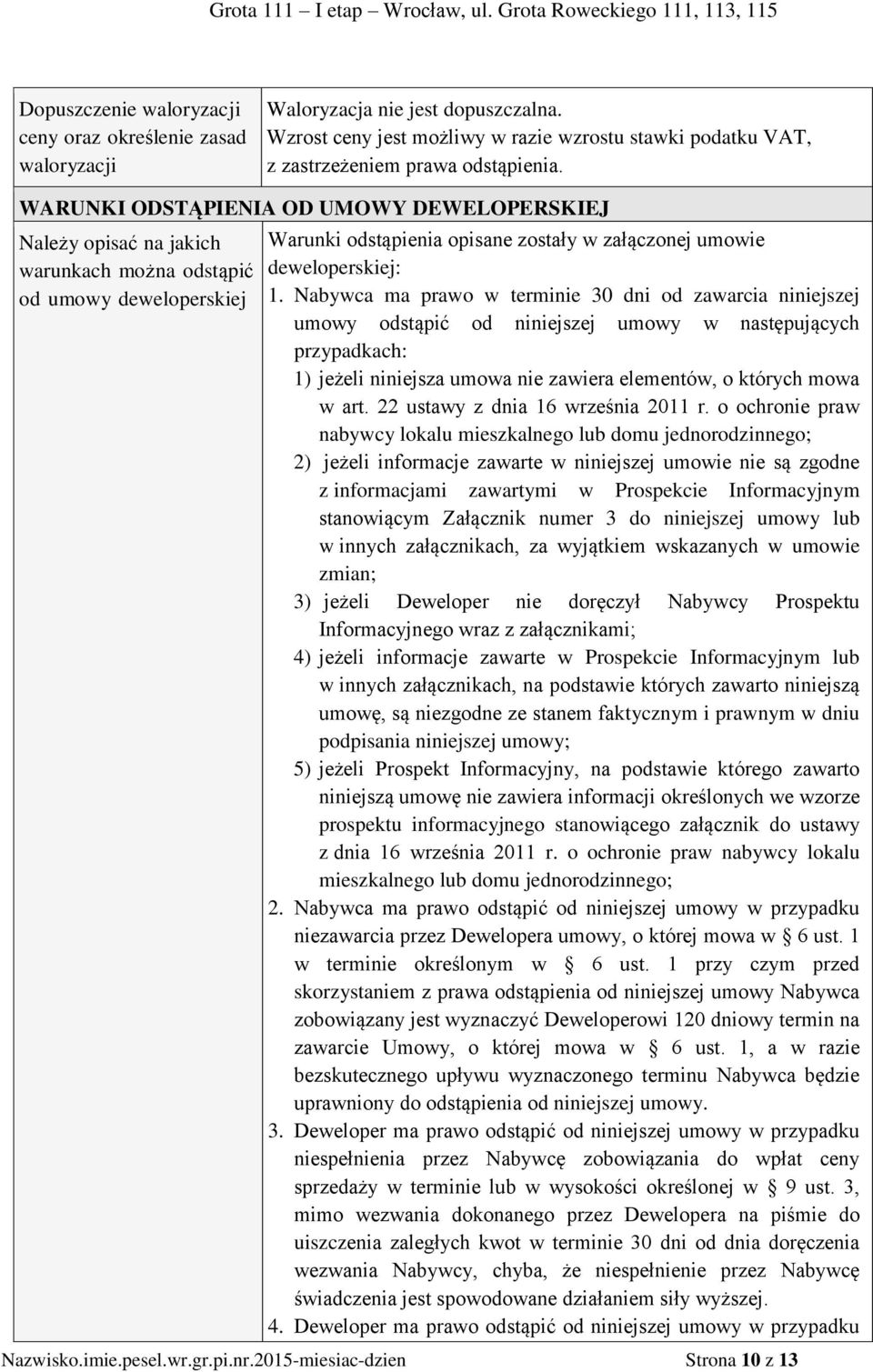 Nabywca ma prawo w terminie 30 dni od zawarcia niniejszej umowy odstąpić od niniejszej umowy w następujących przypadkach: 1) jeżeli niniejsza umowa nie zawiera elementów, o których mowa w art.