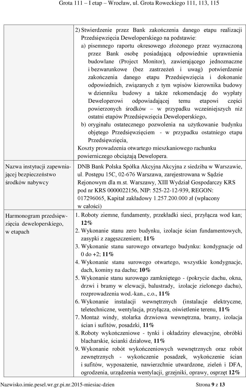 związanych z tym wpisów kierownika budowy w dzienniku budowy a także rekomendację do wypłaty Deweloperowi odpowiadającej temu etapowi części powierzonych środków w przypadku wcześniejszych niż