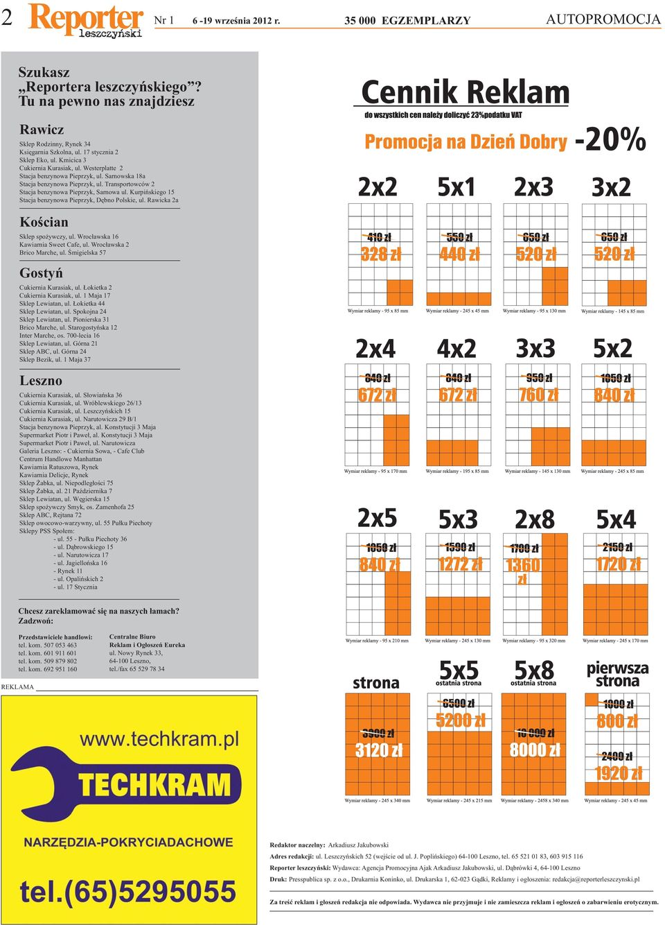 Transportowców 2 Stacja benzynowa Pieprzyk, Sarnowa ul. Kurpińskiego 15 Stacja benzynowa Pieprzyk, Dębno Polskie, ul. Rawicka 2a Kościan Sklep spożywczy, ul. Wrocławska 16 Kawiarnia Sweet Cafe, ul.