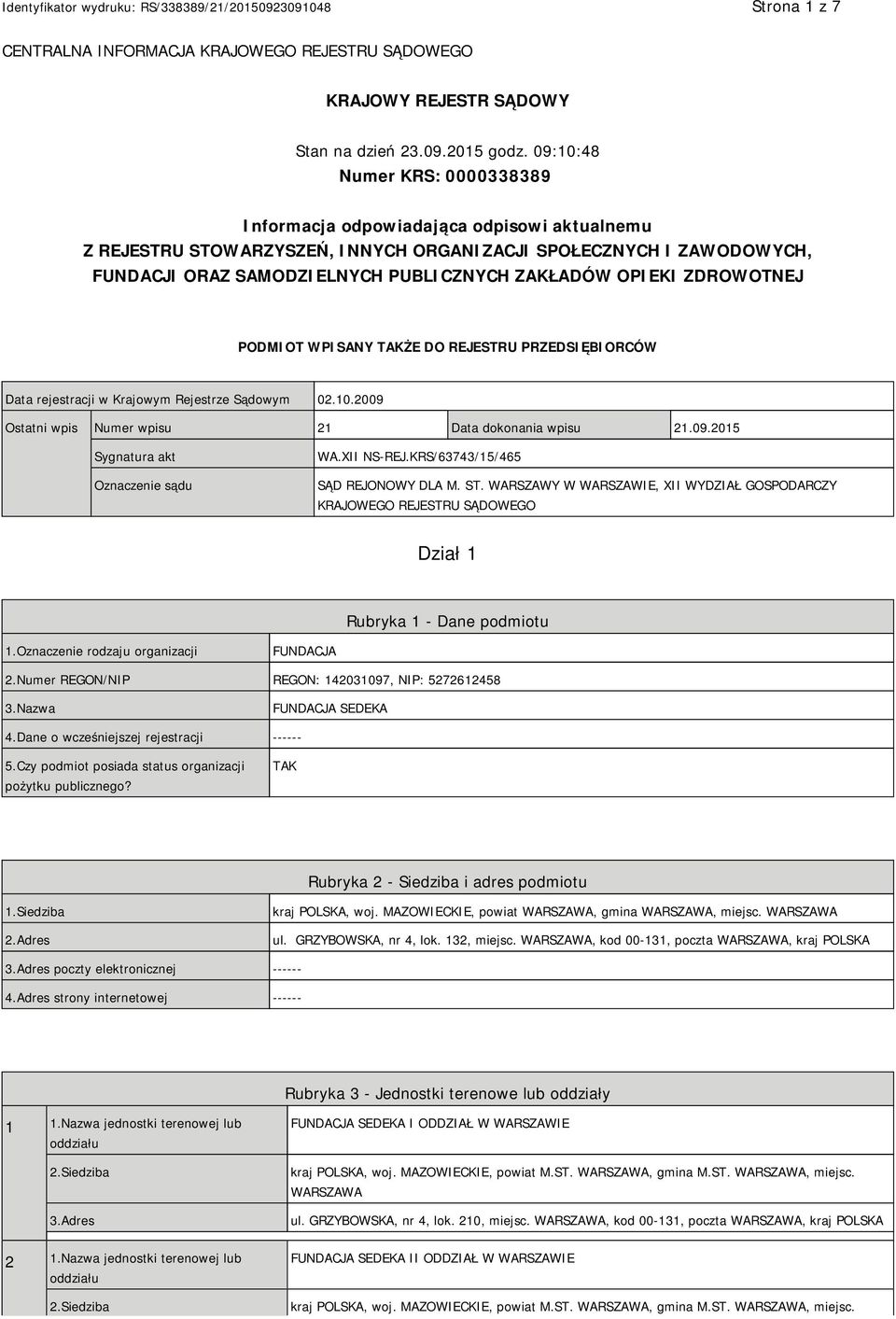 OPIEKI ZDROWOTNEJ PODMIOT WPISANY TAKŻE DO REJESTRU PRZEDSIĘBIORCÓW Data rejestracji w Krajowym Rejestrze Sądowym 02.10.2009 Ostatni wpis Numer wpisu 21 Data dokonania wpisu 21.09.2015 Sygnatura akt Oznaczenie sądu WA.