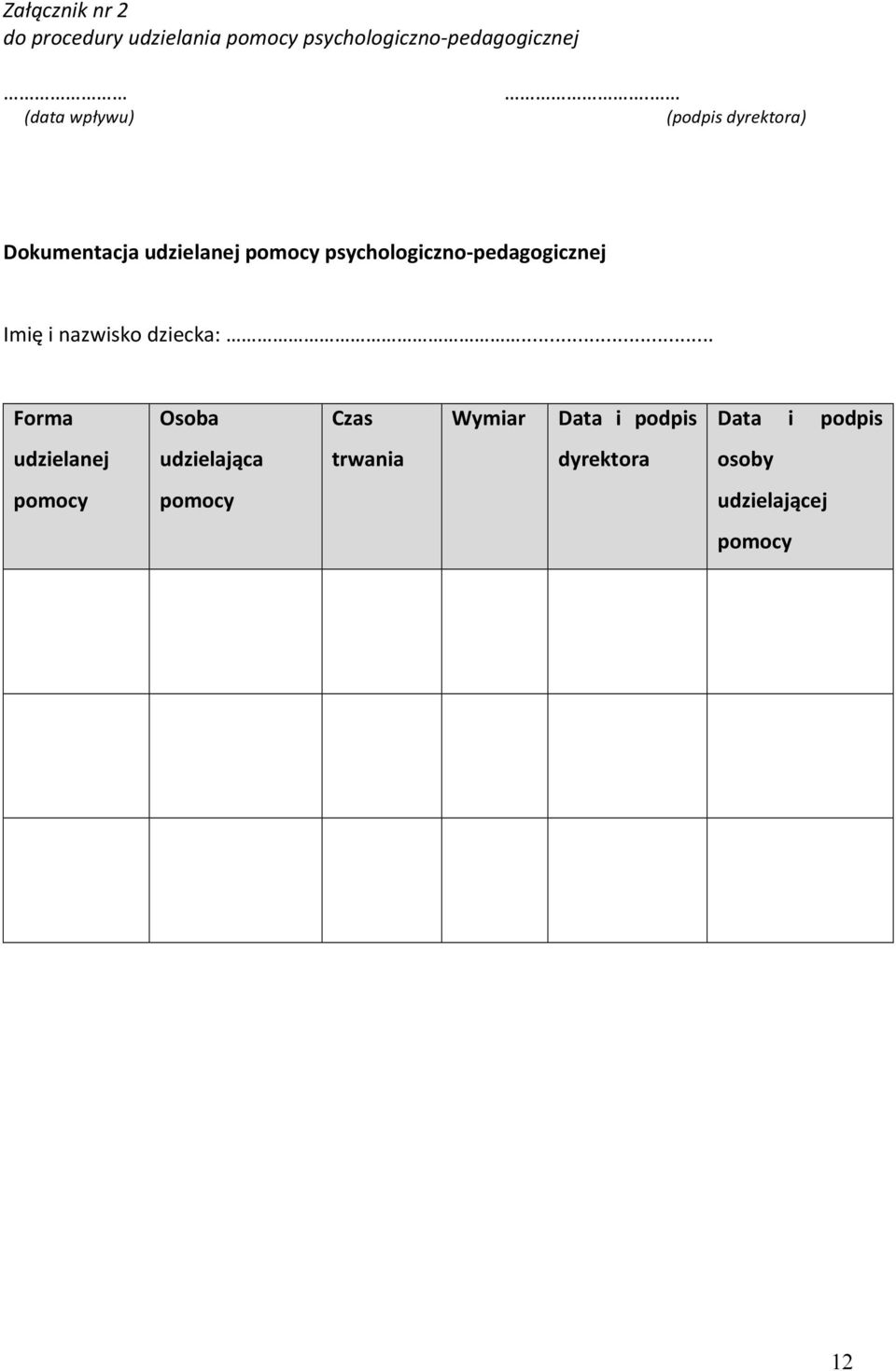 (podpis dyrektora) Dokumentacja udzielanej pomocy psychologiczno- pedagogicznej