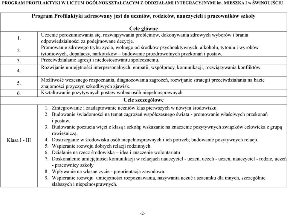 Promowanie zdrowego trybu życia, wolnego od środków psychoaktywnych: alkoholu, tytoniu i wyrobów tytoniowych, dopalaczy, narkotyków budowanie prozdrowotnych przekonań i postaw. 3.