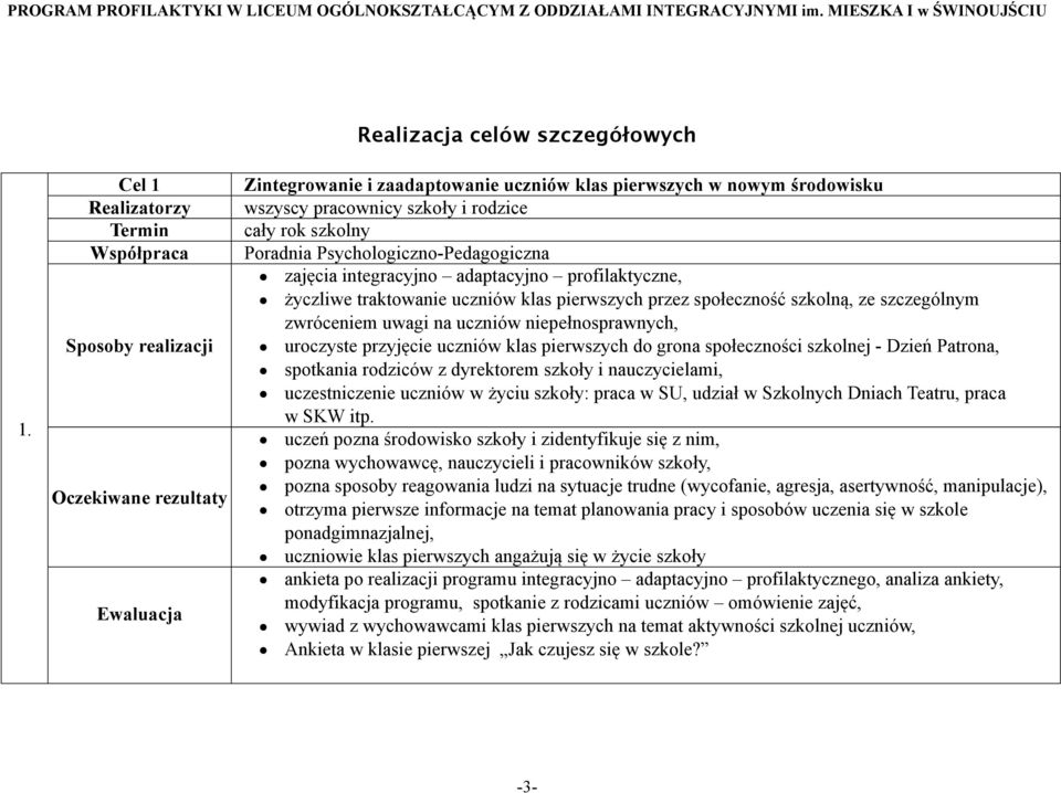 profilaktyczne, życzliwe traktowanie uczniów klas pierwszych przez społeczność szkolną, ze szczególnym zwróceniem uwagi na uczniów niepełnosprawnych, uroczyste przyjęcie uczniów klas pierwszych do