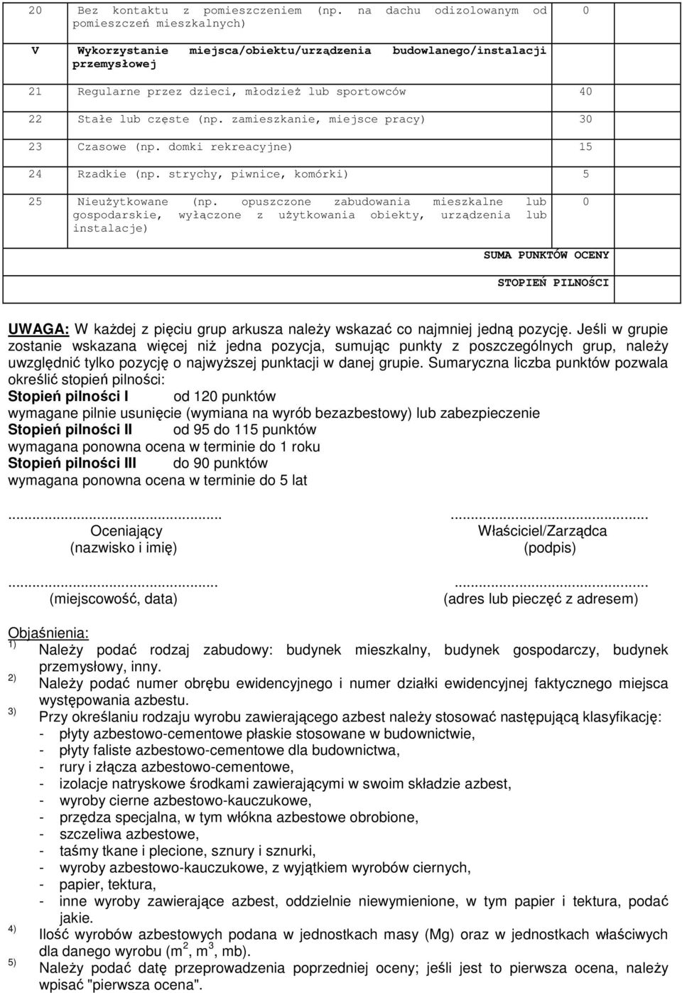 częste (np. zamieszkanie, miejsce pracy) 30 23 Czasowe (np. domki rekreacyjne) 15 24 Rzadkie (np. strychy, piwnice, komórki) 5 25 Nieużytkowane (np.