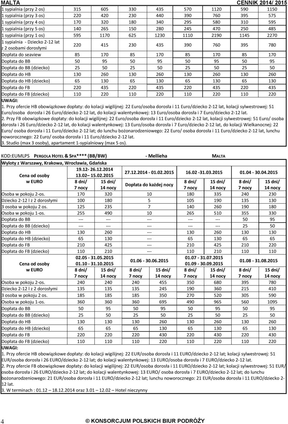 170 85 170 85 170 85 170 Dopłata do BB 50 95 50 95 50 95 50 95 Dopłata do BB (dziecko) 25 50 25 50 25 50 25 50 Dopłata do HB 130 260 130 260 130 260 130 260 65 130 65 130 65 130 65 130 Dopłata do FB