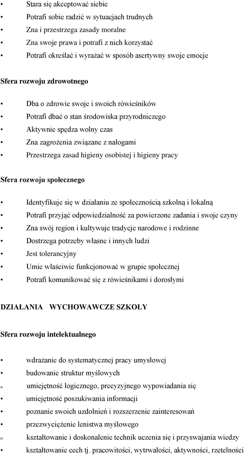 higieny osobistej i higieny pracy Sfera rozwoju społecznego Identyfikuje się w działaniu ze społecznością szkolną i lokalną Potrafi przyjąć odpowiedzialność za powierzone zadania i swoje czyny Zna