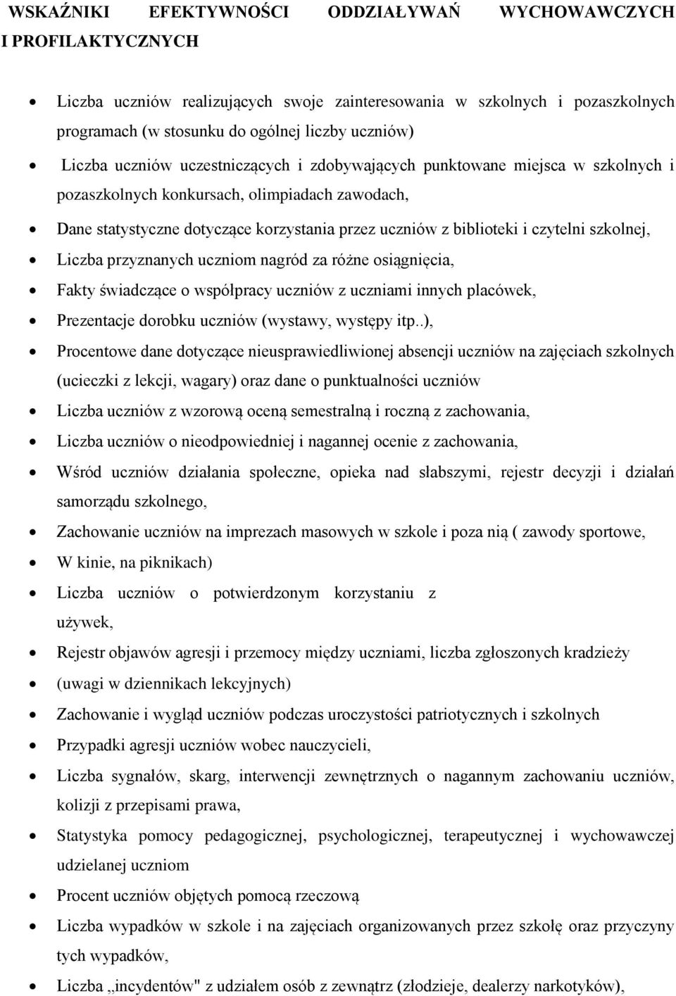 czytelni szkolnej, Liczba przyznanych uczniom nagród za różne osiągnięcia, Fakty świadczące o współpracy uczniów z uczniami innych placówek, Prezentacje dorobku uczniów (wystawy, występy itp.