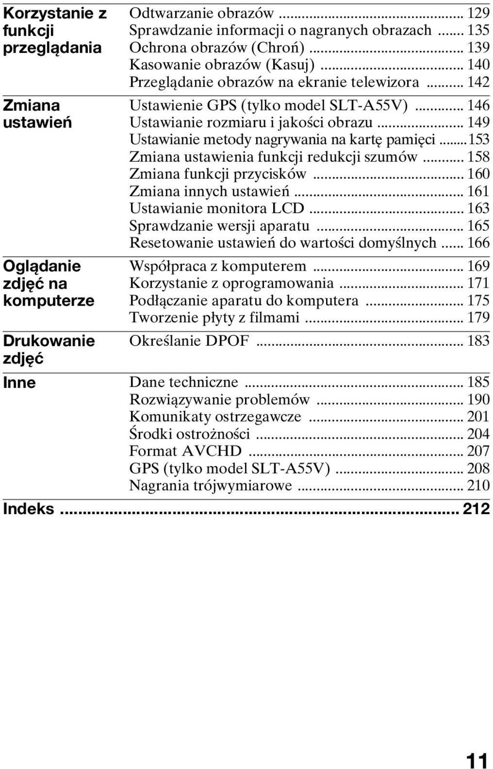 .. 149 Ustawianie metody nagrywania na kartę pamięci...153 Zmiana ustawienia funkcji redukcji szumów... 158 Zmiana funkcji przycisków... 160 Zmiana innych ustawień... 161 Ustawianie monitora LCD.