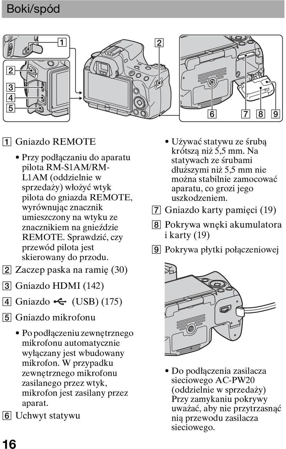 B Zaczep paska na ramię (30) C Gniazdo HDMI (142) D Gniazdo (USB) (175) E Gniazdo mikrofonu Po podłączeniu zewnętrznego mikrofonu automatycznie wyłączany jest wbudowany mikrofon.