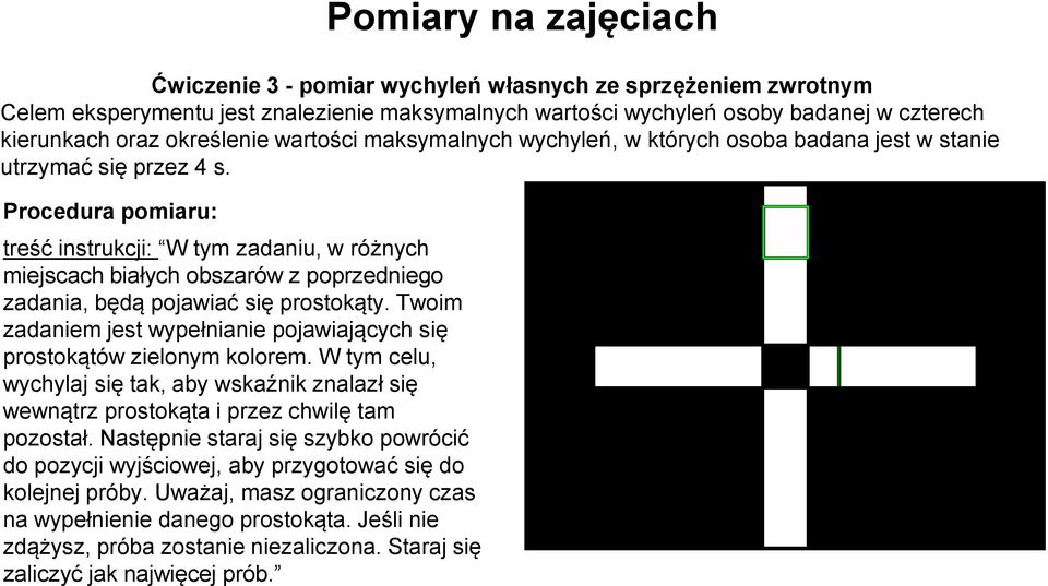 Procedura pomiaru: treść instrukcji: W tym zadaniu, w różnych miejscach białych obszarów z poprzedniego zadania, będą pojawiać się prostokąty.
