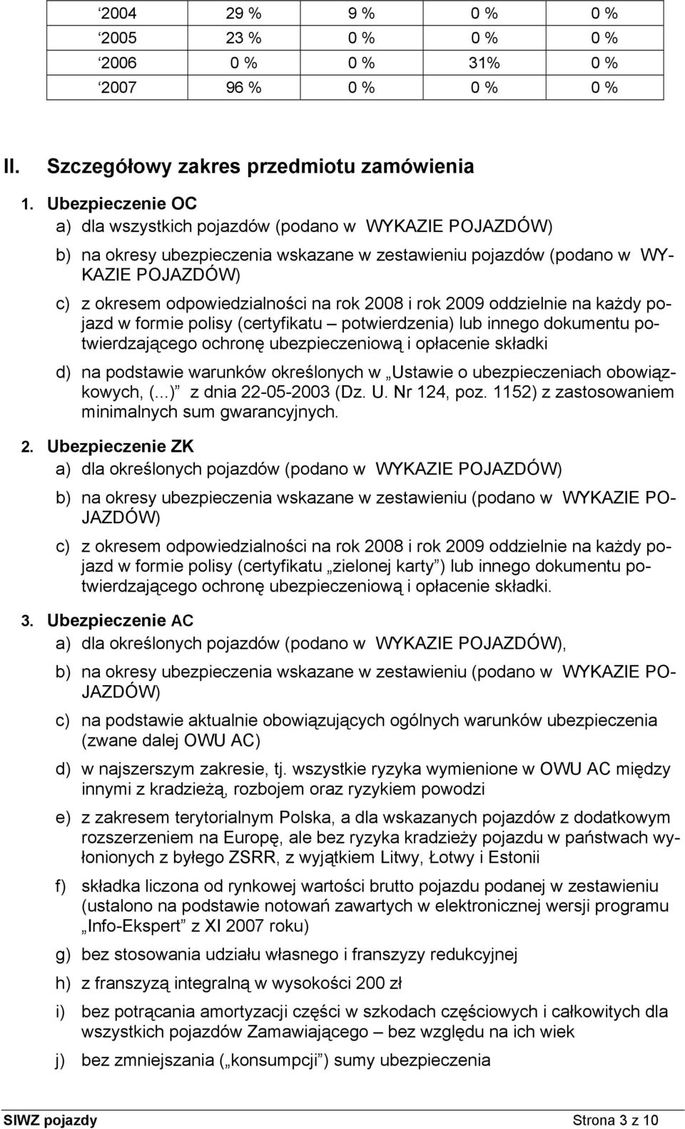 2008 i rok 2009 oddzielnie na każdy pojazd w formie polisy (certyfikatu potwierdzenia) lub innego dokumentu potwierdzającego ochronę ubezpieczeniową i opłacenie składki d) na podstawie warunków