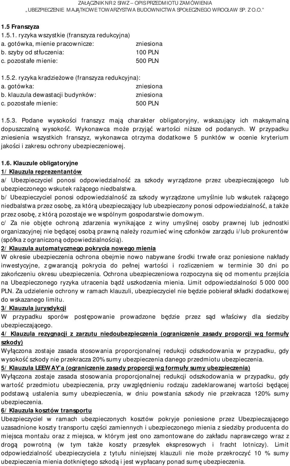 Podane wysokości franszyz mają charakter obligatoryjny, wskazujący ich maksymalną dopuszczalną wysokość. Wykonawca może przyjąć wartości niższe od podanych.