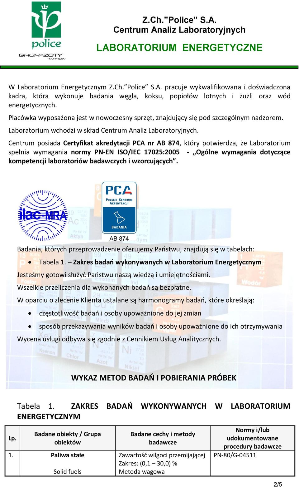 Centrum posiada Certyfikat akredytacji PCA nr AB 874, który potwierdza, że Laboratorium spełnia wymagania normy PN-EN ISO/IEC 17025:2005 - Ogólne wymagania dotyczące kompetencji laboratoriów