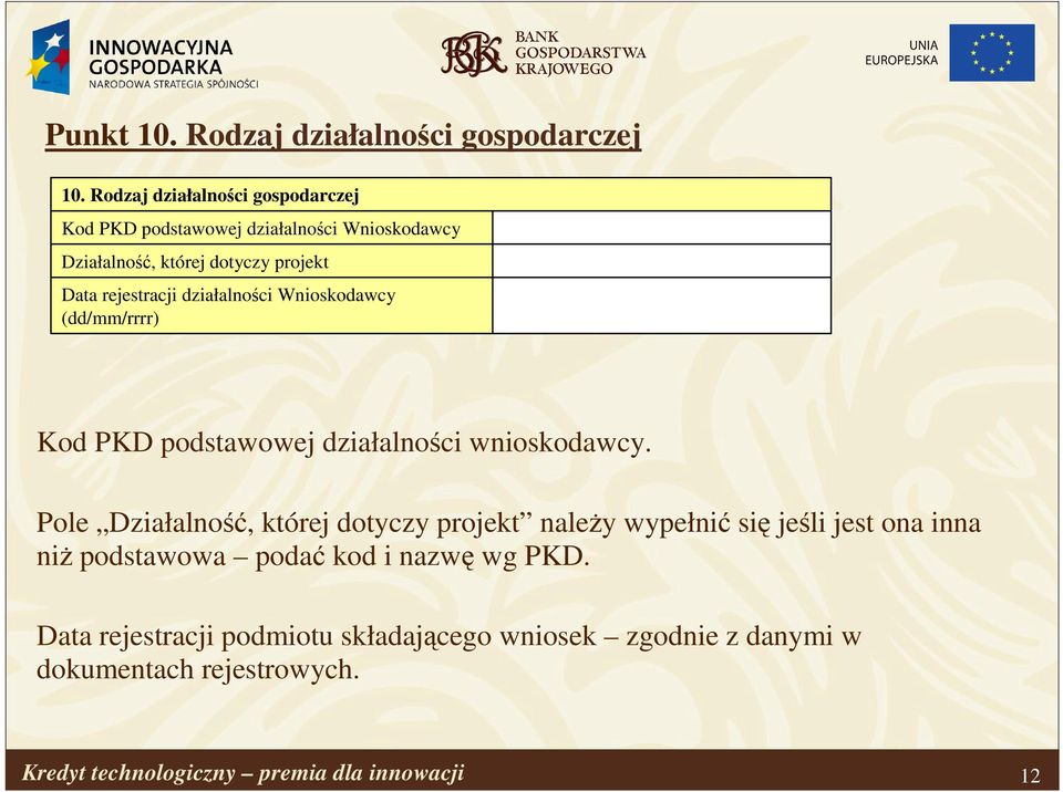 rejestracji działalności Wnioskodawcy (dd/mm/rrrr) Kod PKD podstawowej działalności wnioskodawcy.