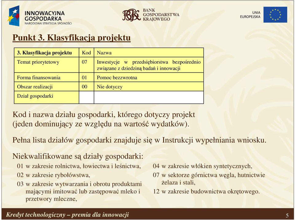 Pomoc bezzwrotna Nie dotyczy Kod i nazwa działu gospodarki, którego dotyczy projekt (jeden dominujący ze względu na wartość wydatków).