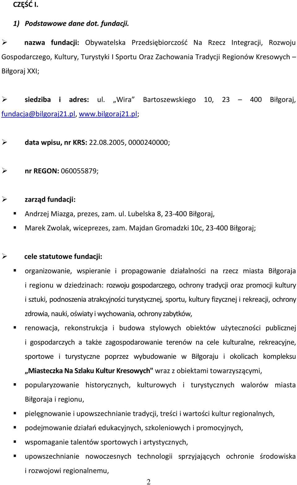 Wira Bartoszewskiego 10, 23 400 Biłgoraj, fundacja@bilgoraj21.pl, www.bilgoraj21.pl; data wpisu, nr KRS: 22.08.2005, 0000240000; nr REGON: 060055879; zarząd fundacji: Andrzej Miazga, prezes, zam. ul.