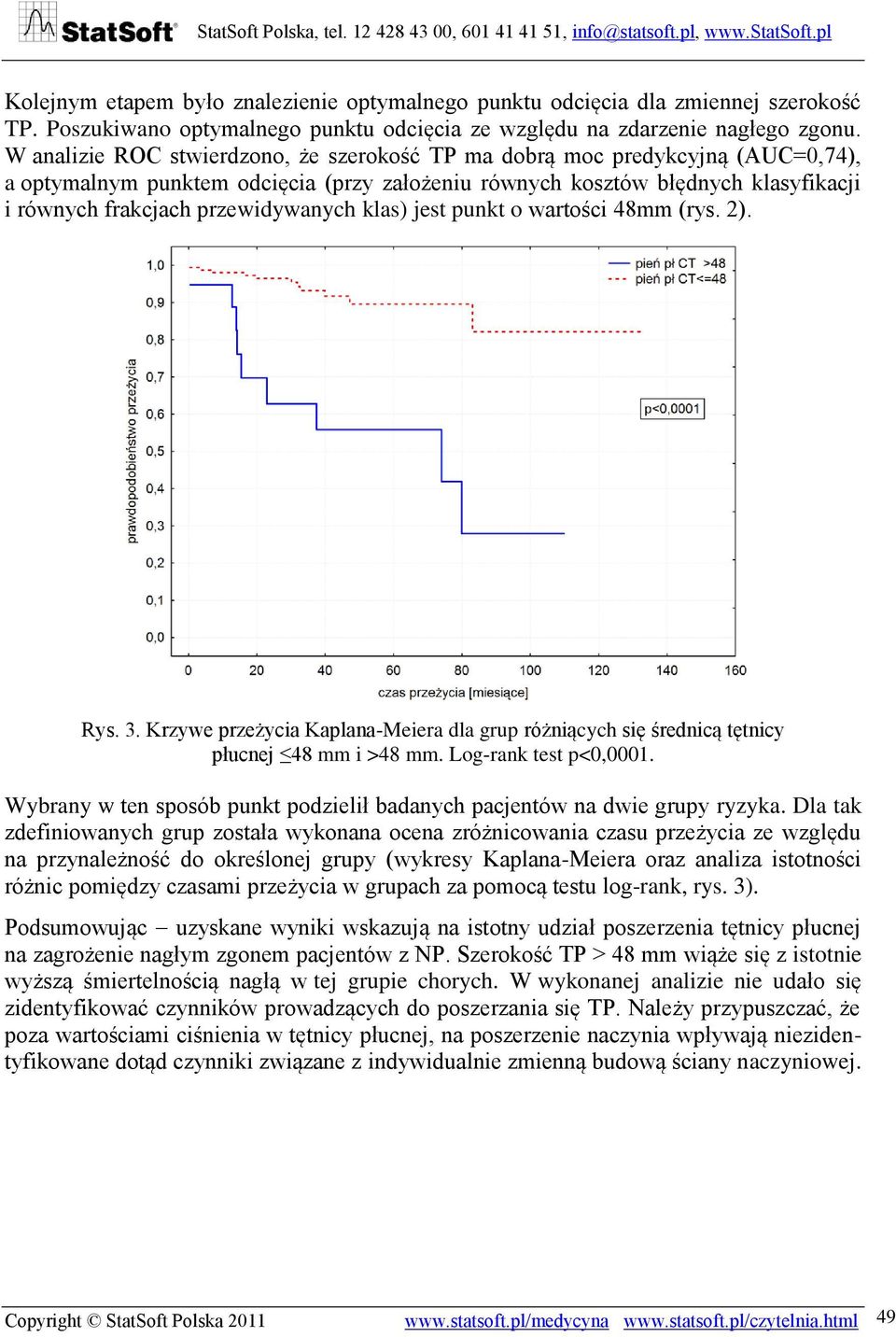 klas) jest punkt o wartości 48mm (rys. 2). Rys. 3. Krzywe przeżycia Kaplana-Meiera dla grup różniących się średnicą tętnicy płucnej 48 mm i >48 mm. Log-rank test p<0,0001.