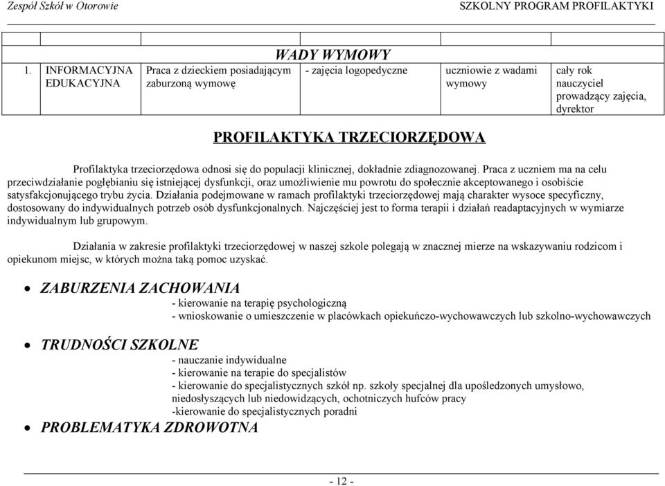 Praca z uczniem ma na celu przeciwdziałanie pogłębianiu się istniejącej dysfunkcji, oraz umożliwienie mu powrotu do społecznie akceptowanego i osobiście satysfakcjonującego trybu życia.