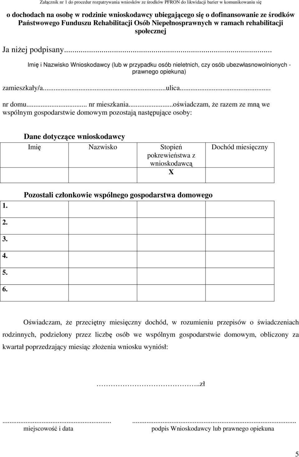 ..oświadczam, że razem ze mną we wspólnym gospodarstwie domowym pozostają następujące osoby: Dane dotyczące wnioskodawcy Imię Nazwisko Stopień pokrewieństwa z wnioskodawcą X Dochód miesięczny 1.