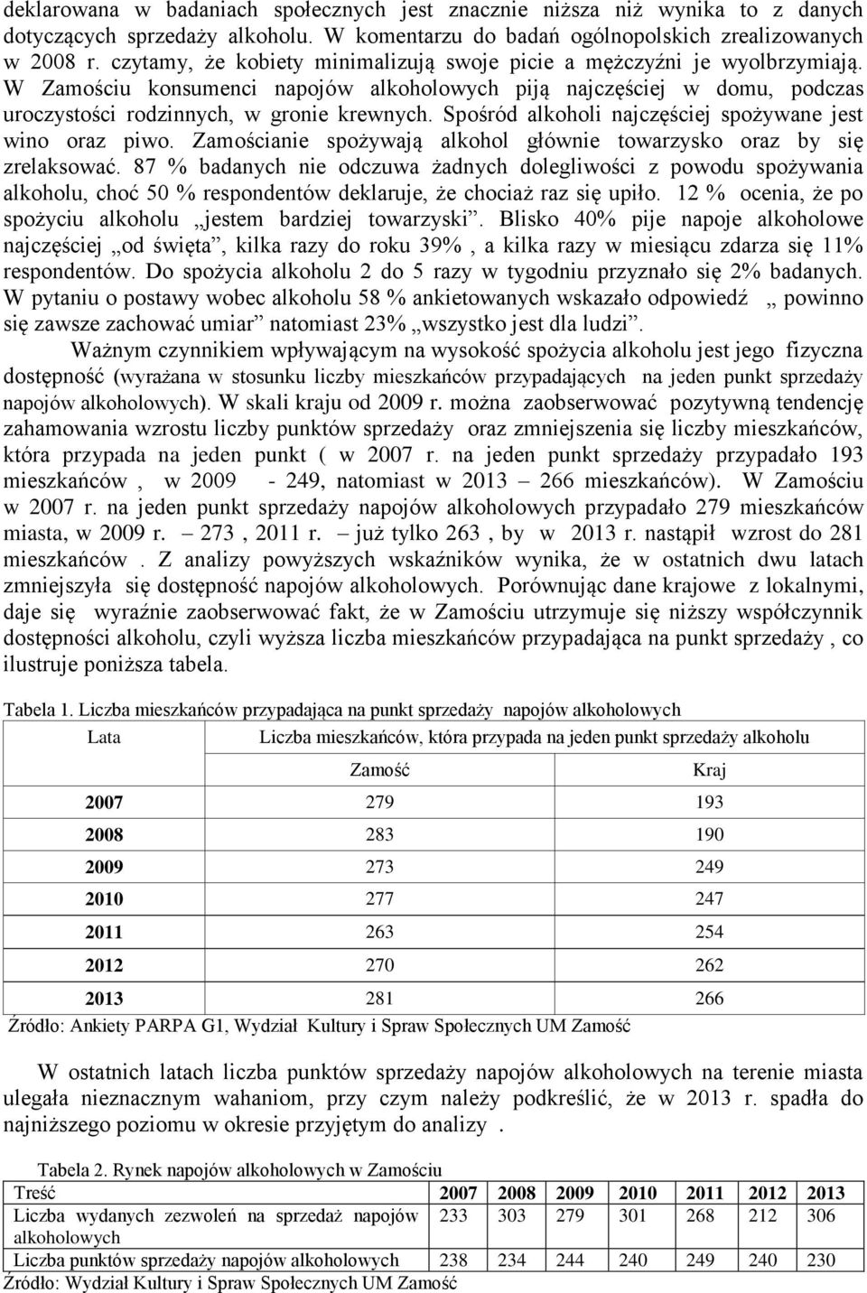 Spośród alkoholi najczęściej spożywane jest wino oraz piwo. Zamościanie spożywają alkohol głównie towarzysko oraz by się zrelaksować.