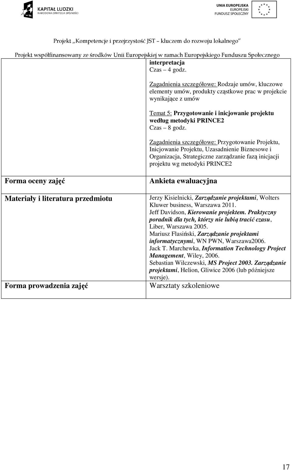 Zagadnienia szczegółowe: Przygotowanie Projektu, Inicjowanie Projektu, Uzasadnienie Biznesowe i Organizacja, Strategiczne zarządzanie fazą inicjacji projektu wg metodyki PRINCE2 Forma oceny zajęć