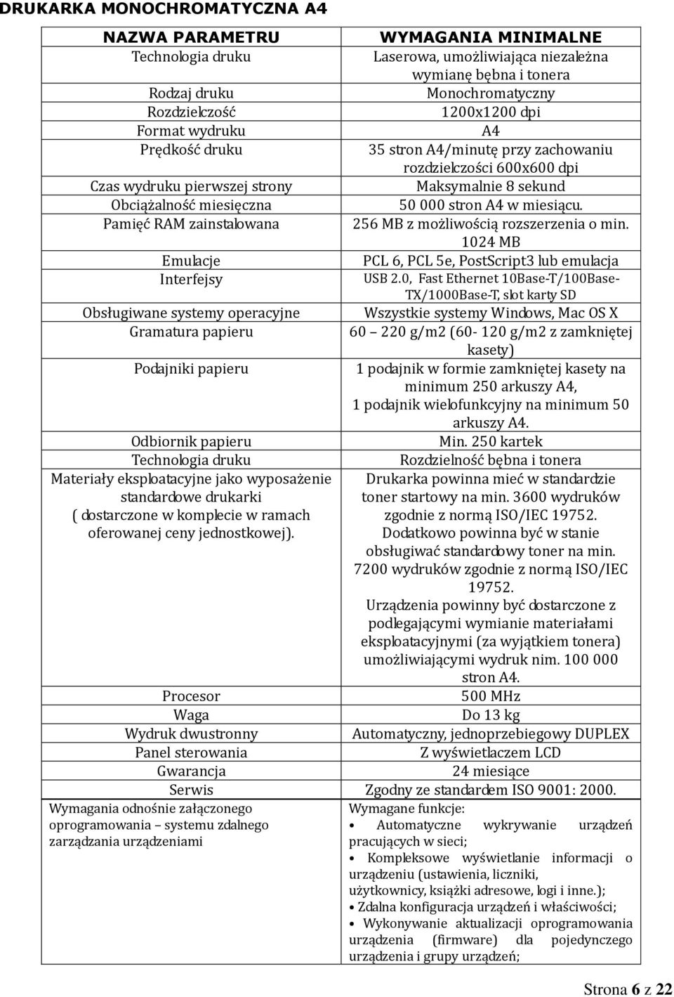 Pamięć RAM zainstalowana 256 MB z możliwością rozszerzenia o min. 1024 MB Emulacje PCL 6, PCL 5e, PostScript3 lub emulacja Interfejsy USB 2.