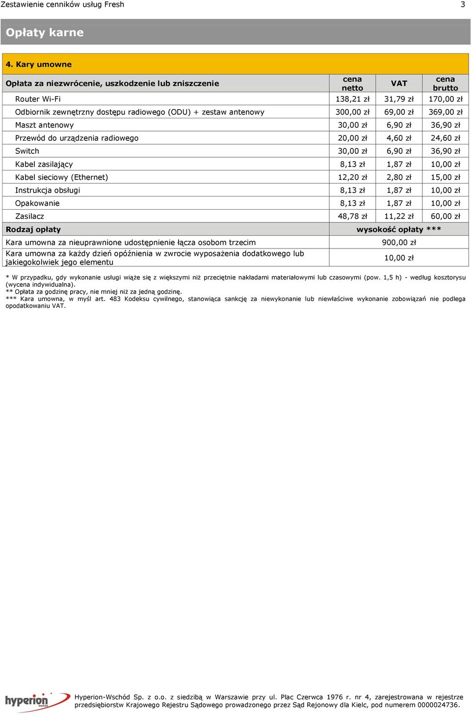 Maszt antenowy 30,00 zł 6,90 zł 36,90 zł Przewód do urządzenia radiowego 20,00 zł 4,60 zł 24,60 zł Switch 30,00 zł 6,90 zł 36,90 zł Kabel zasilający 8,13 zł 1,87 zł 10,00 zł Kabel sieciowy (Ethernet)